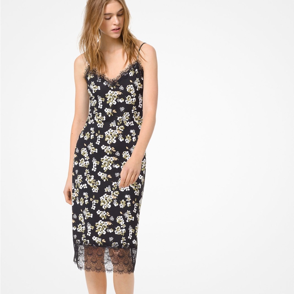 Michael Kors Glam Fleur Slip Midi Dress with Lace